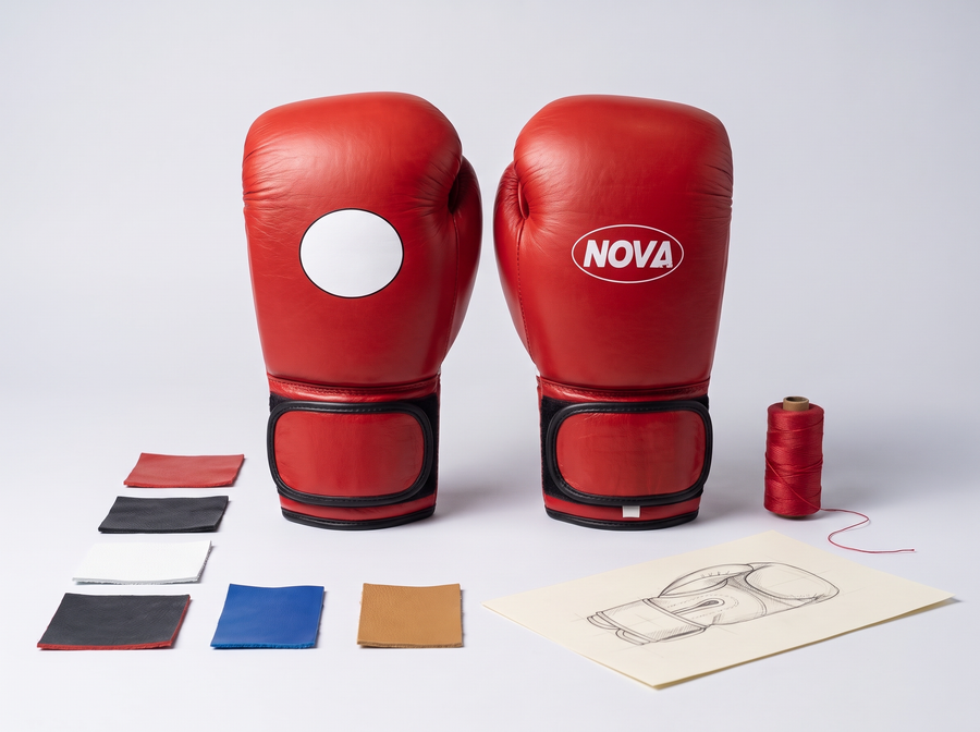 Red boxing glove with a blank logo patch beside one with the Nova logo