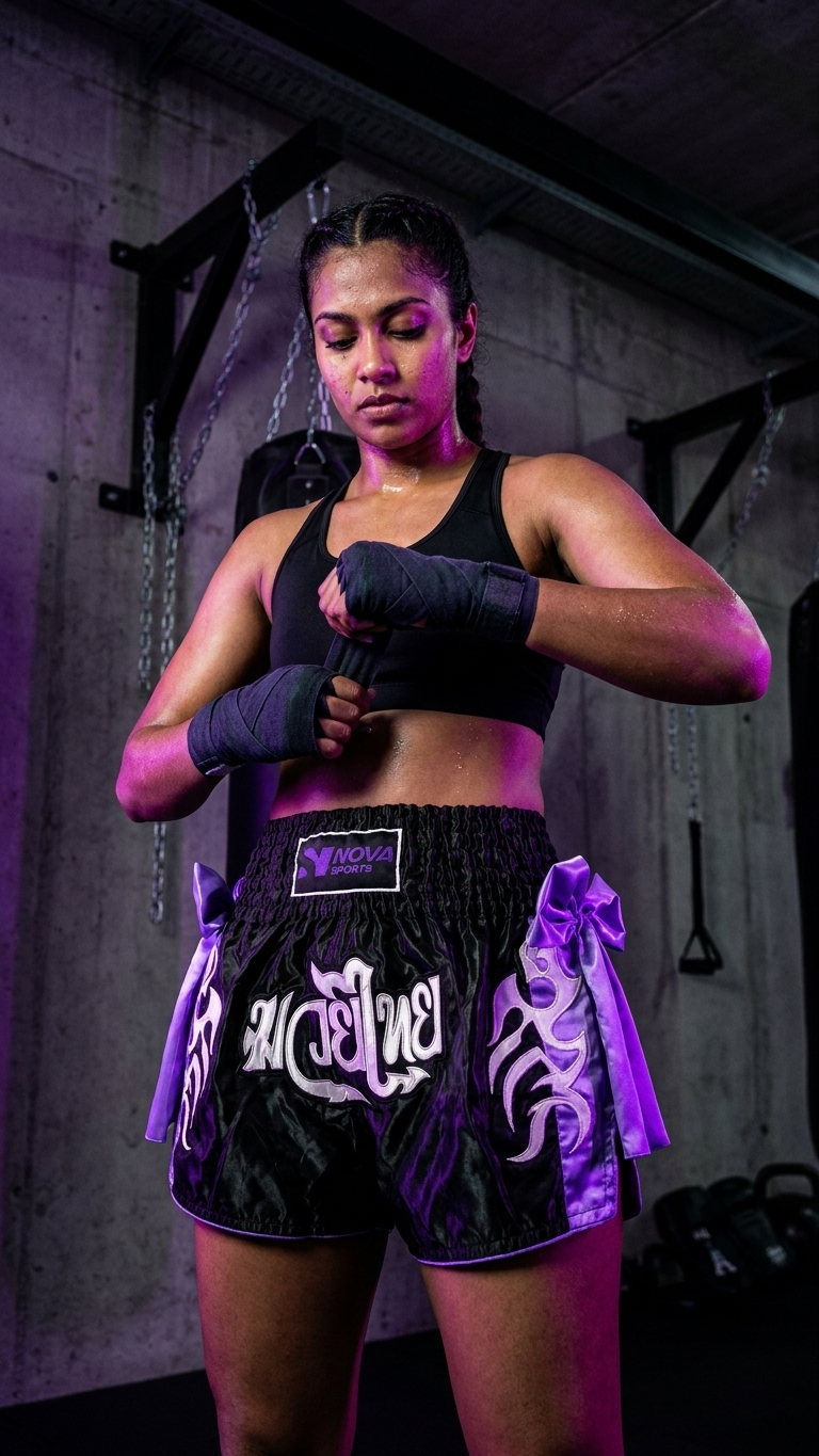 Nova Muay Thai Shorts — Black & Purple — view 3 — Shorts from Nova Sports Mauritius

