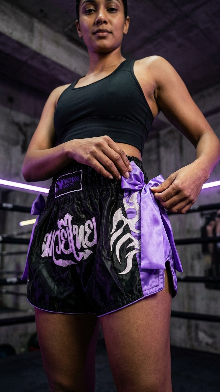 Nova Muay Thai Shorts — Black & Purple — view 2 — Shorts from Nova Sports Mauritius
