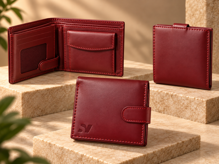 Nova regular wallet in red pure cow leather with contrast stitching and embossed Nova wing mark — Accessories available in Mauritius
