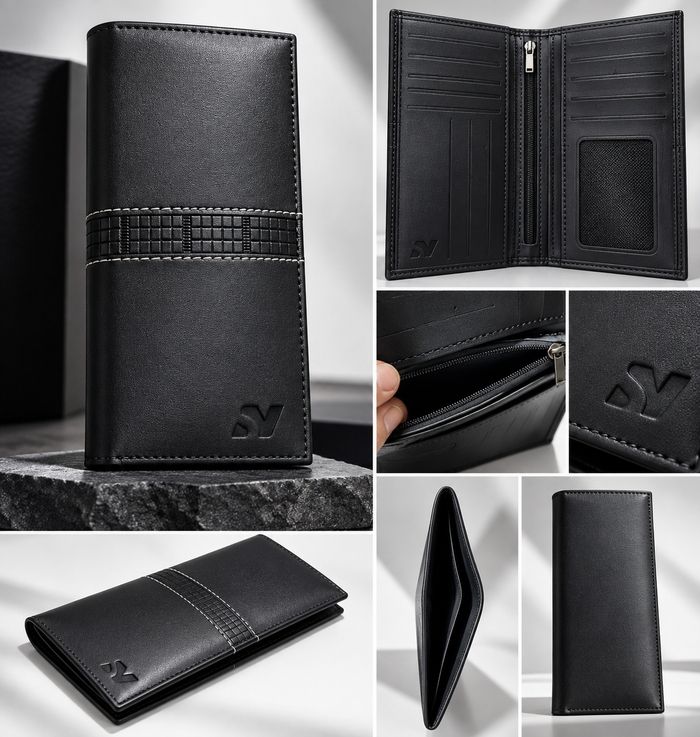 Nova long wallet in black pure cow leather with embossed Nova wing mark — leather wallets at Nova Sports Mauritius — Accessories available in Mauritius
