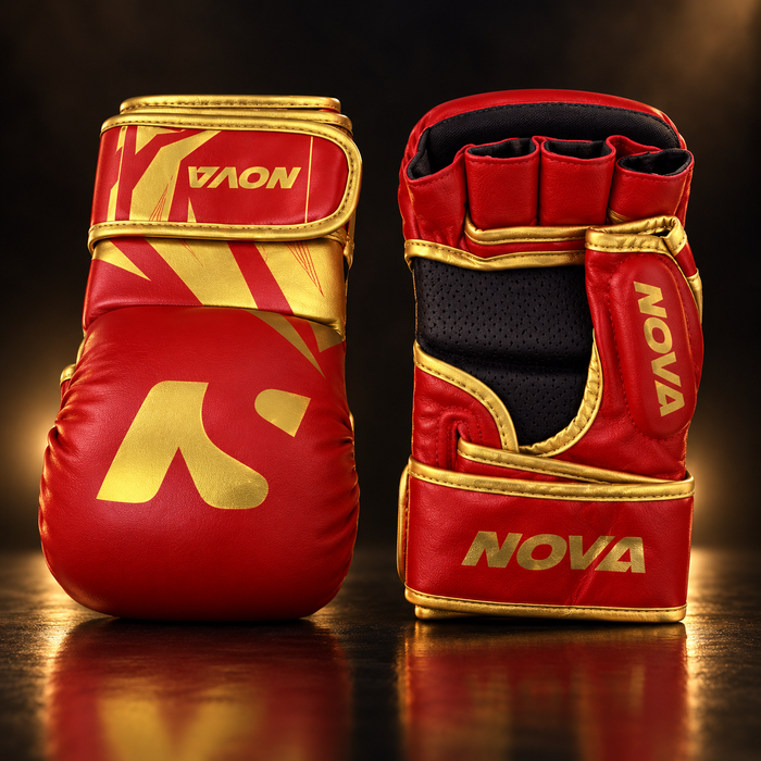 Nova red and gold MMA shooter gloves with open fingers — MMA gloves at Nova Sports Mauritius — MMA Gloves available in Mauritius
