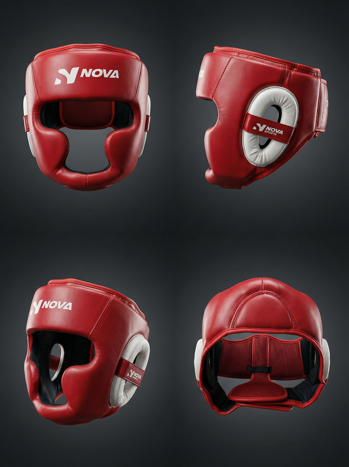 Nova Head Guard — Full Red Leather, White Ear Pads — view 2 — Head Guards from Nova Sports Mauritius
