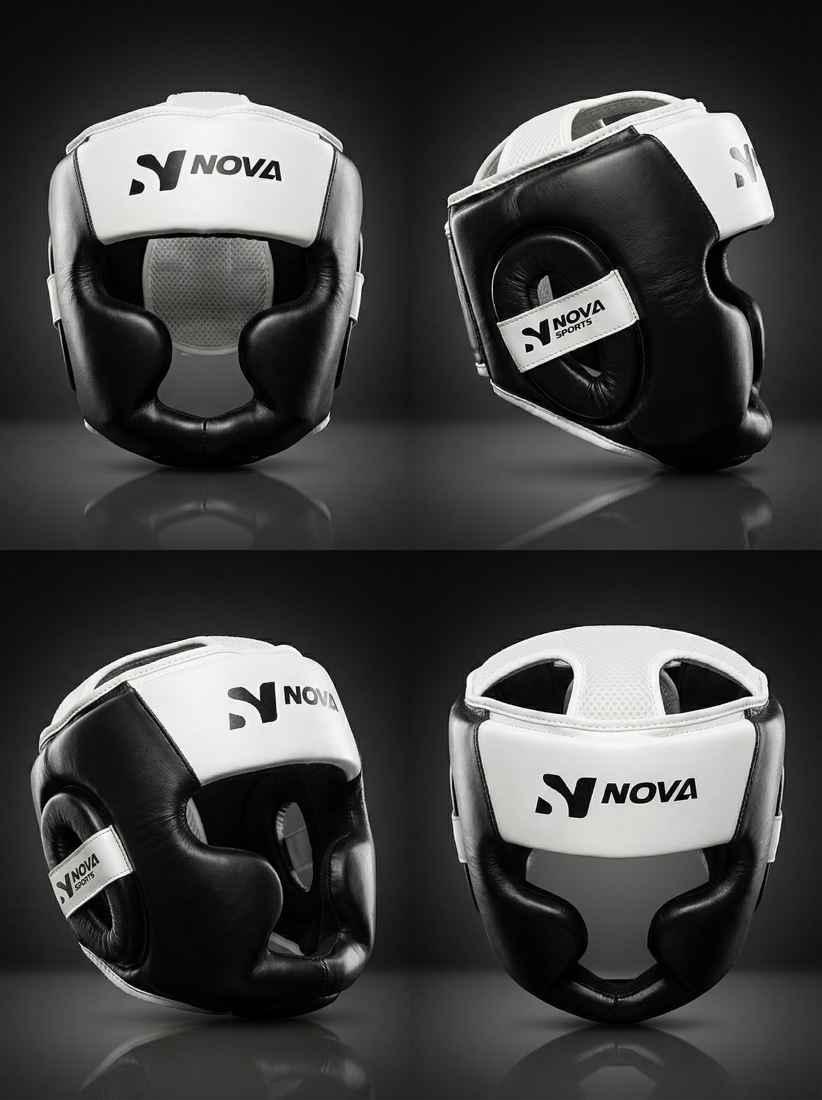 Nova Head Guard — Black Leather, White Crown — view 2 — Head Guards from Nova Sports Mauritius
