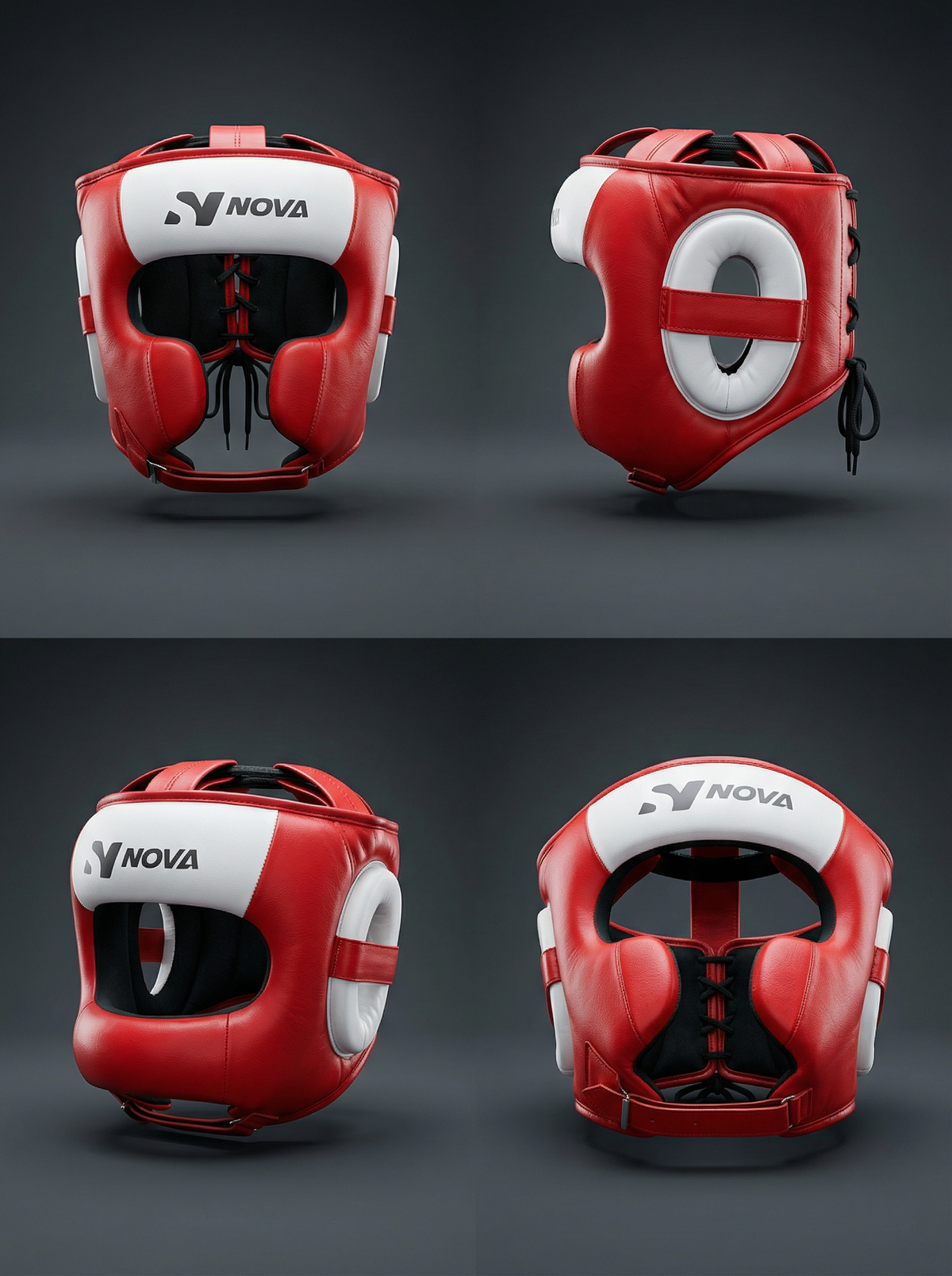 Nova Head Guard — Red & White Leather, Laced Back — view 2 — Head Guards from Nova Sports Mauritius
