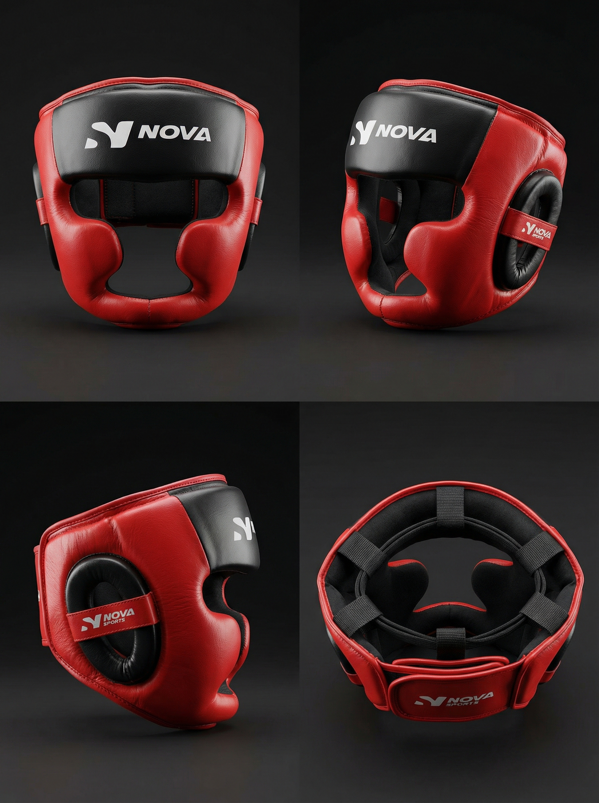 Nova Head Guard — Red Leather, Black Crown — view 2 — Head Guards from Nova Sports Mauritius
