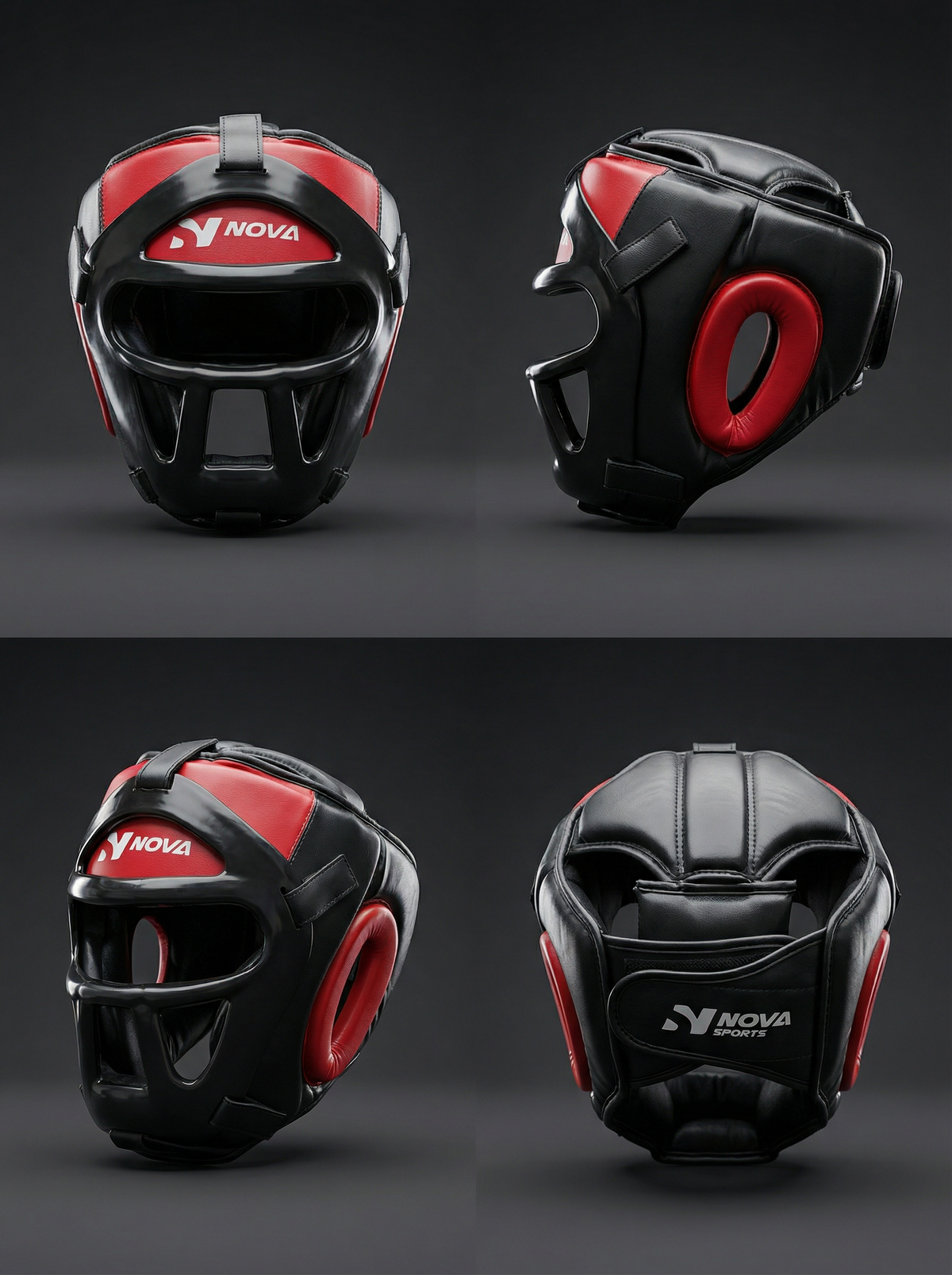 Nova Head Guard — Black & Red, Removable Face Bar — view 2 — Head Guards from Nova Sports Mauritius
