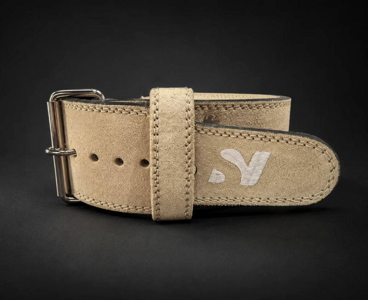 Nova beige suede lifting belt with double-prong roller buckle — Belts from Nova Sports Mauritius

