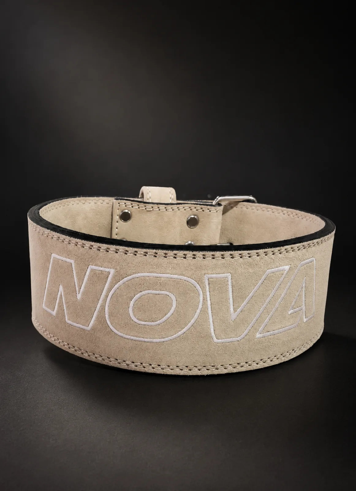 Nova beige suede lifting belt, back panel with NOVA outline — Belts from Nova Sports Mauritius

