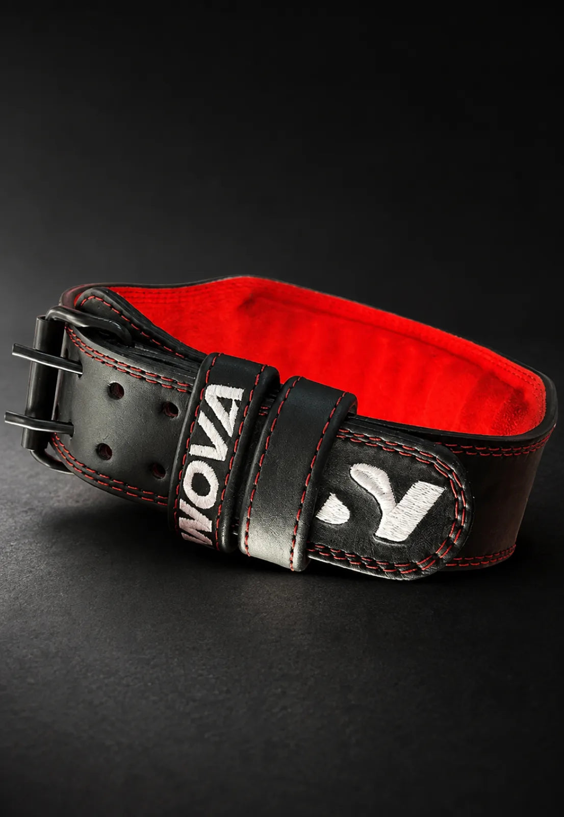 Nova black leather powerlifting belt with red suede lining and double-prong buckle — Belts from Nova Sports Mauritius
