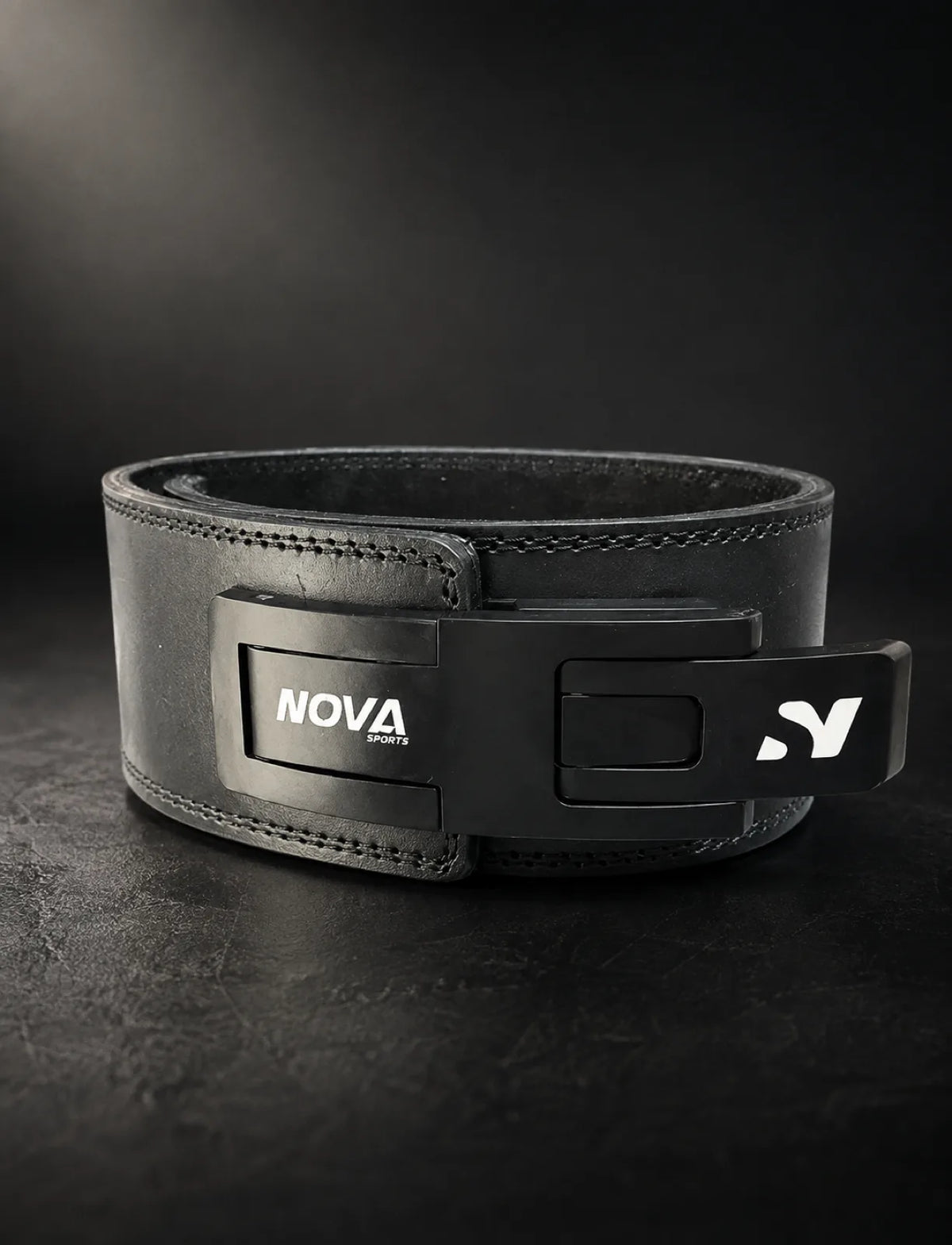Nova black leather lever belt with NOVA branded lever plate — Belts from Nova Sports Mauritius
