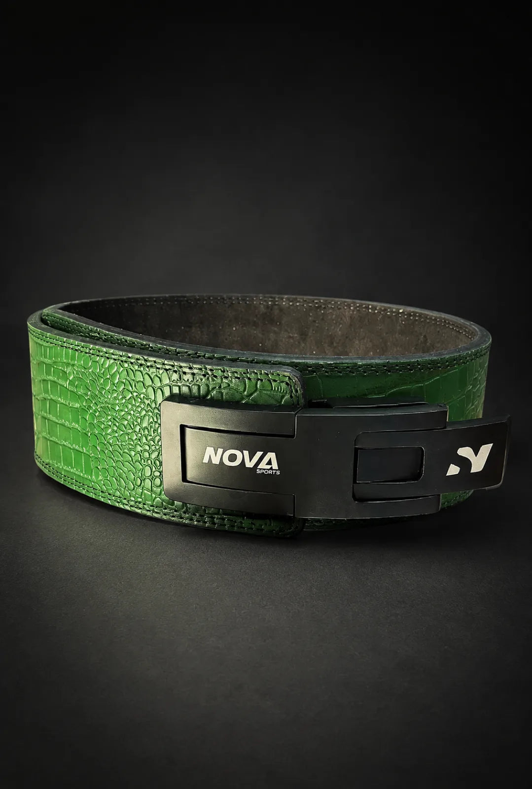 Nova green crocodile-embossed lever belt with NOVA lever plate — Belts from Nova Sports Mauritius
