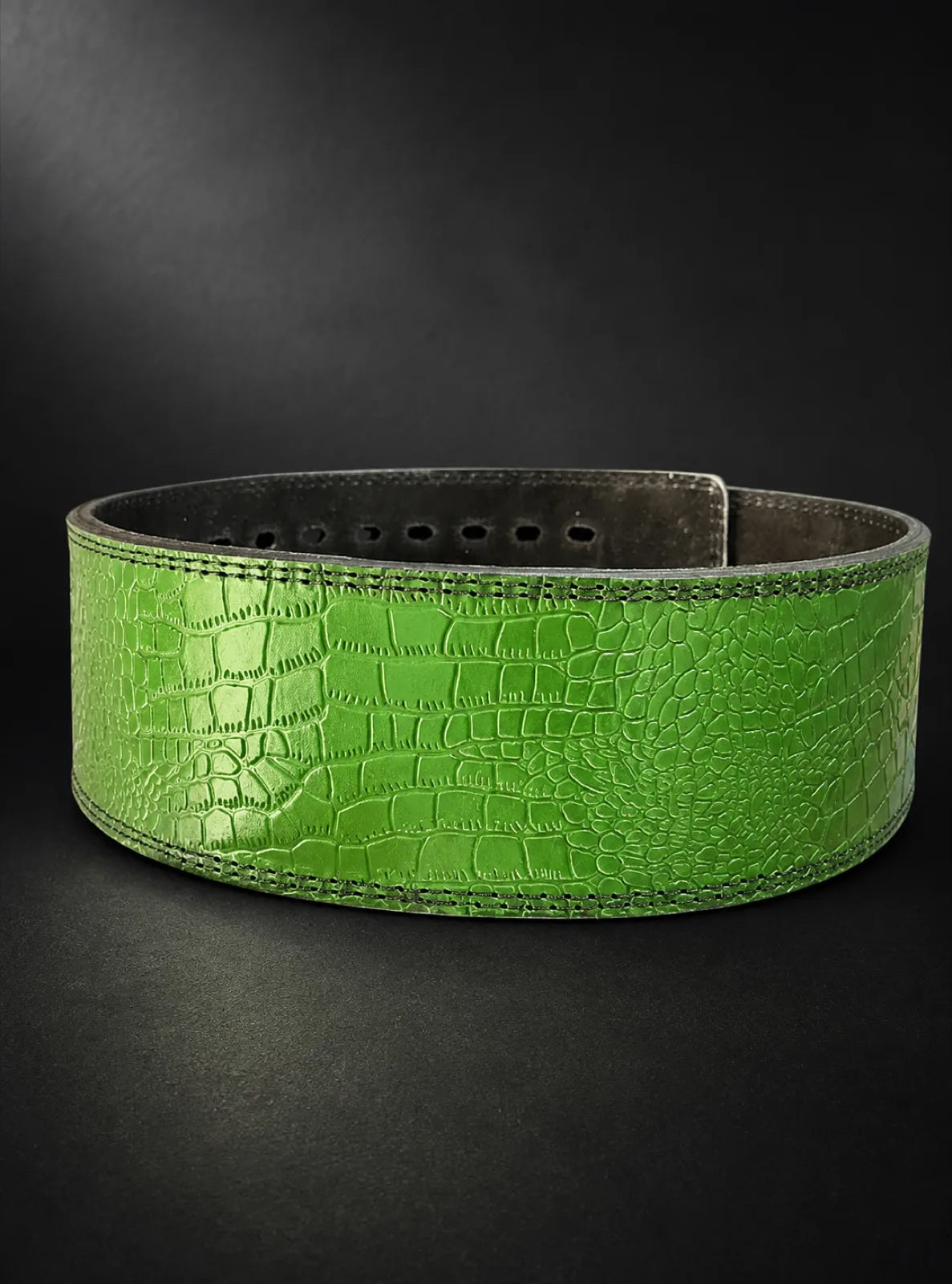 Nova green crocodile-embossed lever belt, outer face — Belts from Nova Sports Mauritius

