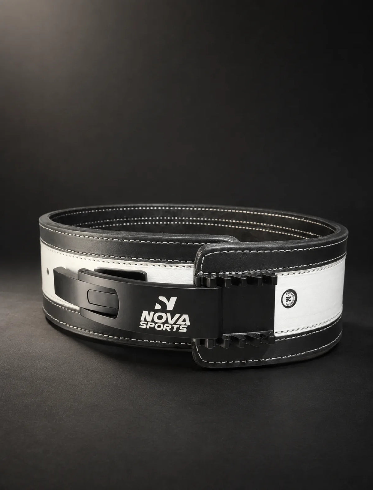 Nova white and black lever belt with NOVA SPORTS lever plate — Belts from Nova Sports Mauritius
