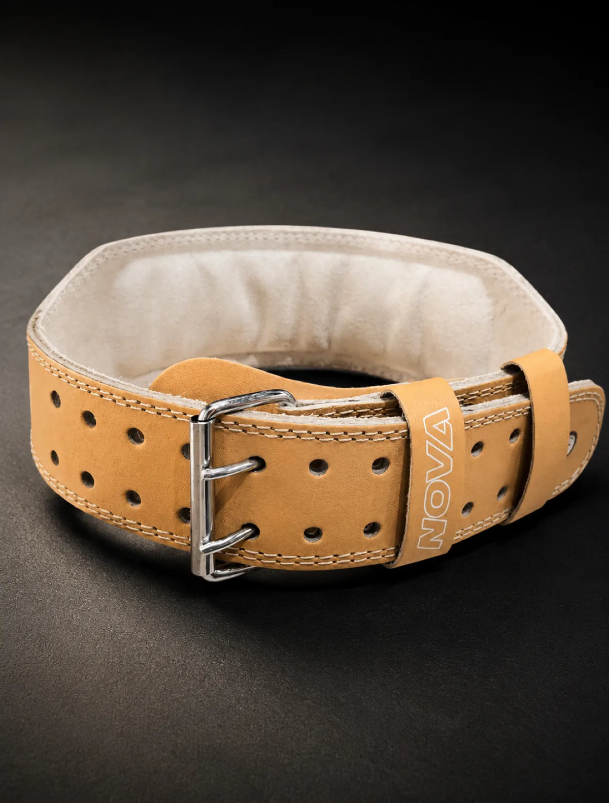 Nova tan leather powerlifting belt with cream lining and double-prong buckle — Belts from Nova Sports Mauritius
