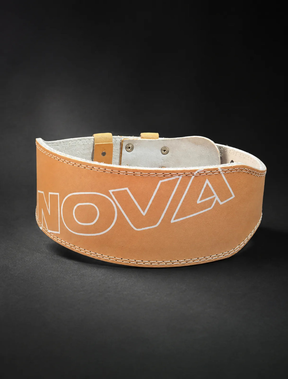 Nova tan leather powerlifting belt, outer face with NOVA outline — Belts from Nova Sports Mauritius
