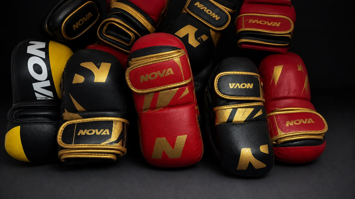 Nova premium boxing gloves in black and gold and red and gold — MMA Gloves from Nova Sports Mauritius
