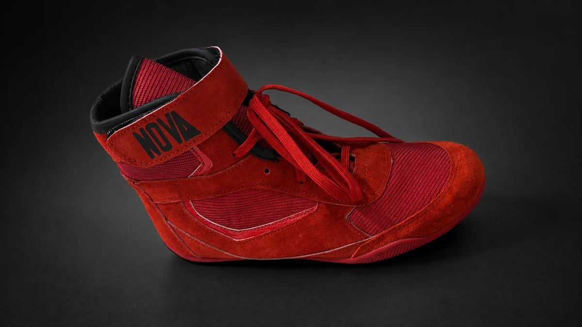 Nova boxing boot in red suede with ankle strap — Shoes from Nova Sports Mauritius

