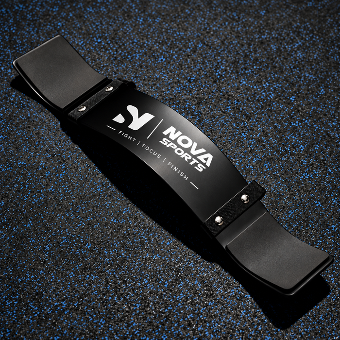 Nova Sports arm blaster, black curved bicep curl plate with Nova logo and "Fight | Focus | Finish" – gym accessories Mauritius — Gym available in Mauritius
