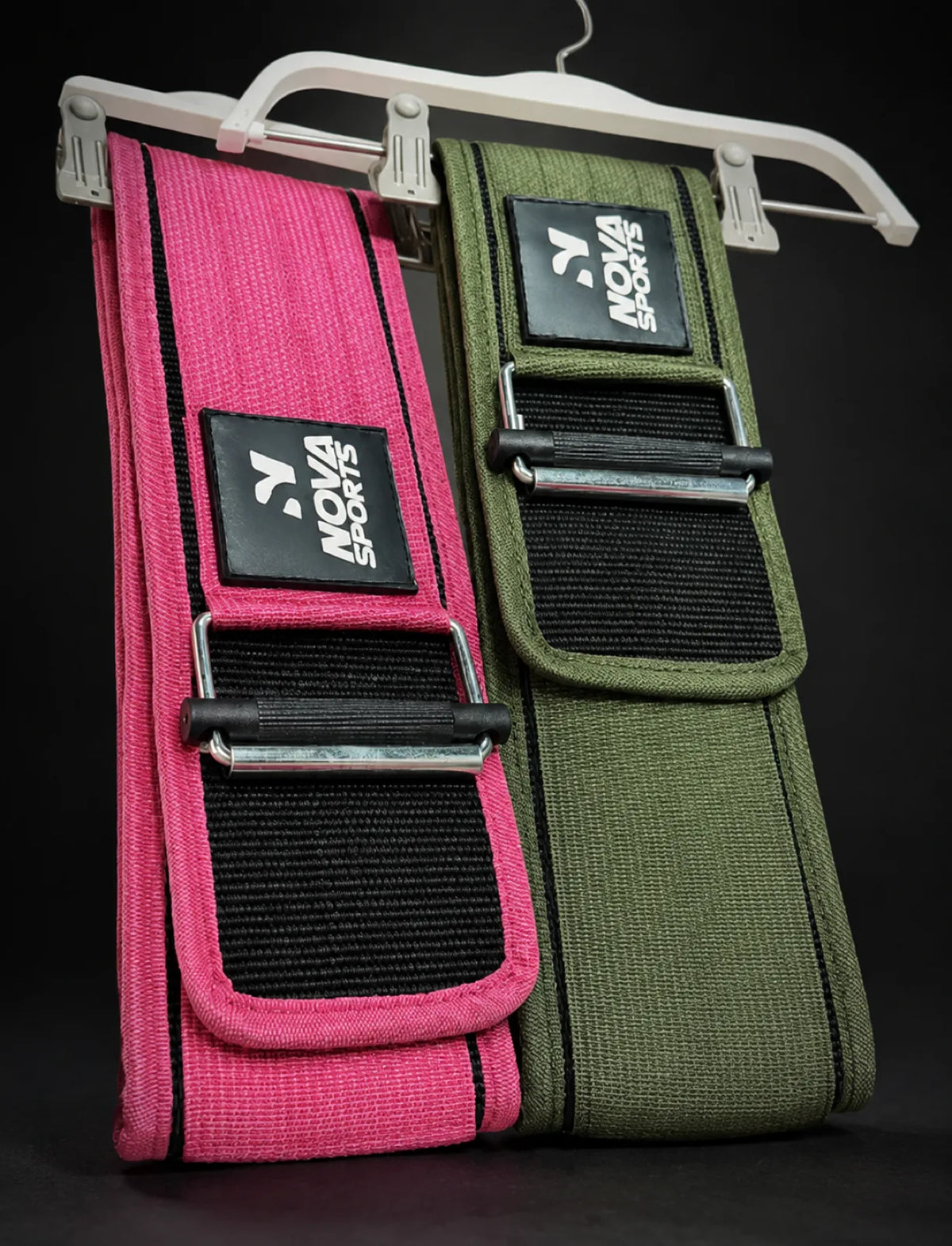 Nova Sports fabric quick-lock lifting belts in pink and olive green — Belts from Nova Sports Mauritius
