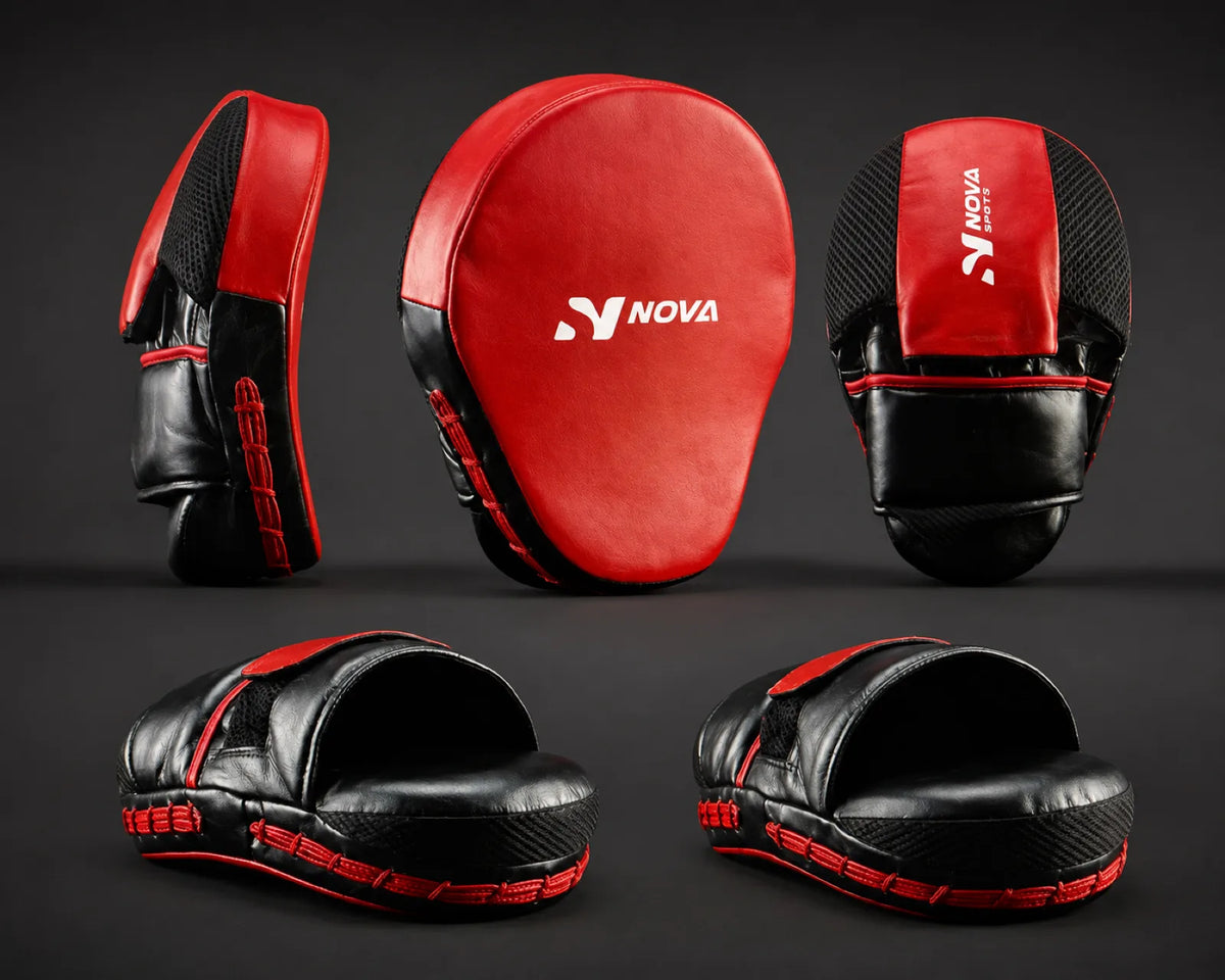 Nova red and black curved leather focus mitt shown from five angles — Focus Pads & Mitts from Nova Sports Mauritius
