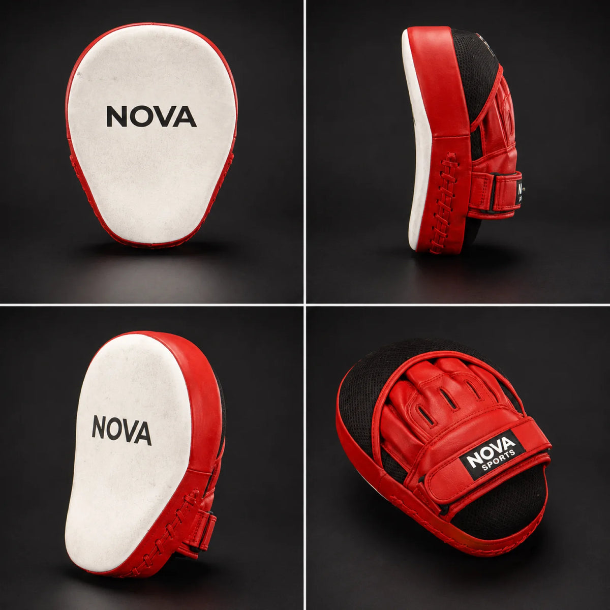 Nova red and white focus mitt shown from four angles — Focus Pads & Mitts from Nova Sports Mauritius
