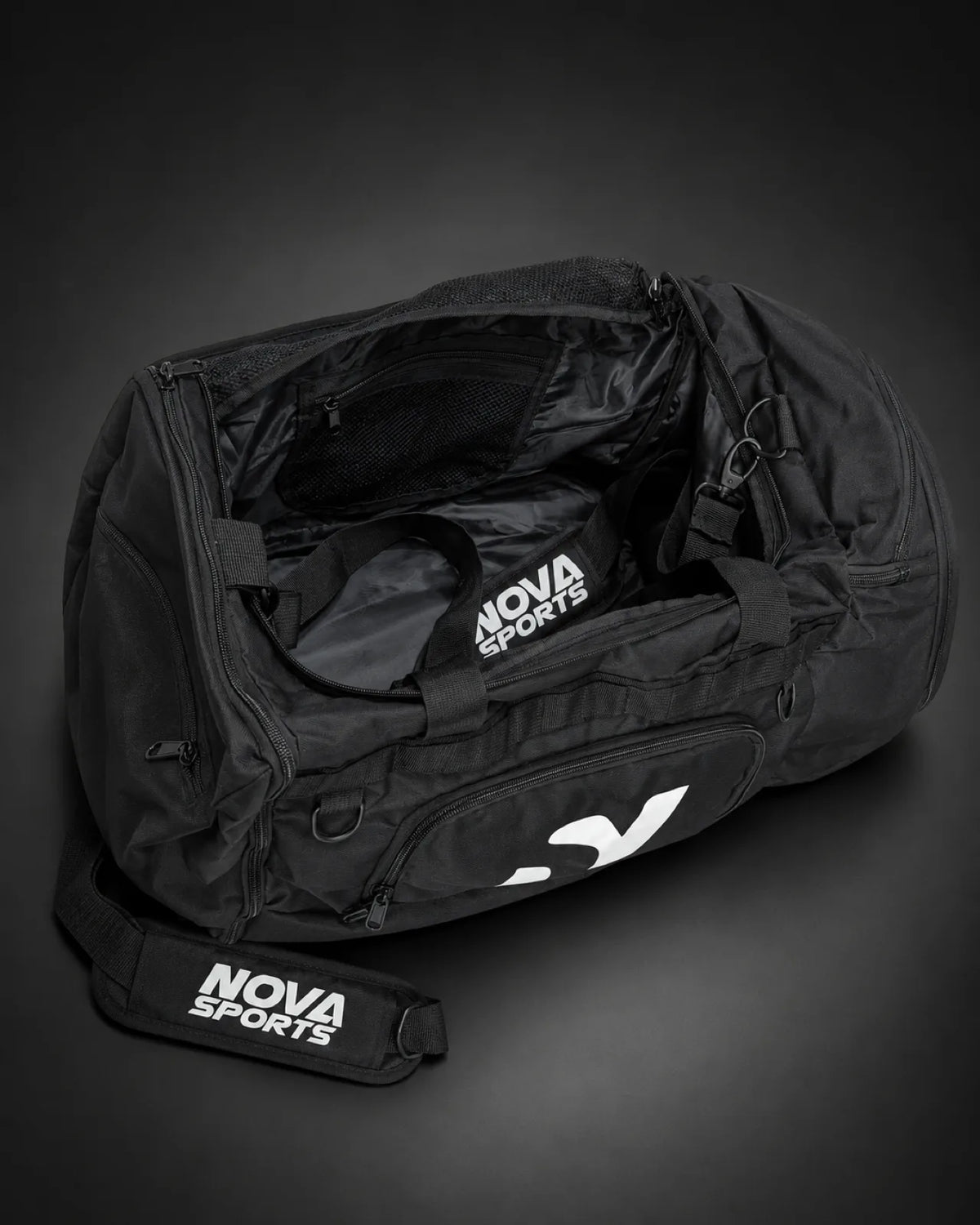 Nova Sports gym duffel bag open, showing lined main compartment — Bags from Nova Sports Mauritius
