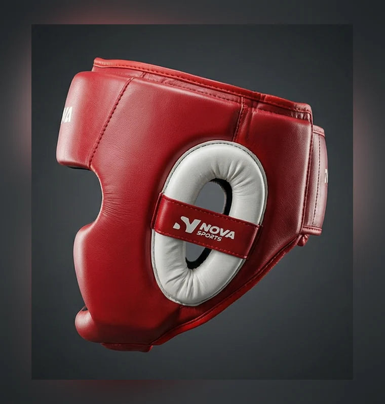 Nova Head Guard — Full Red Leather, White Ear Pads — view 3 — Head Guards from Nova Sports Mauritius
