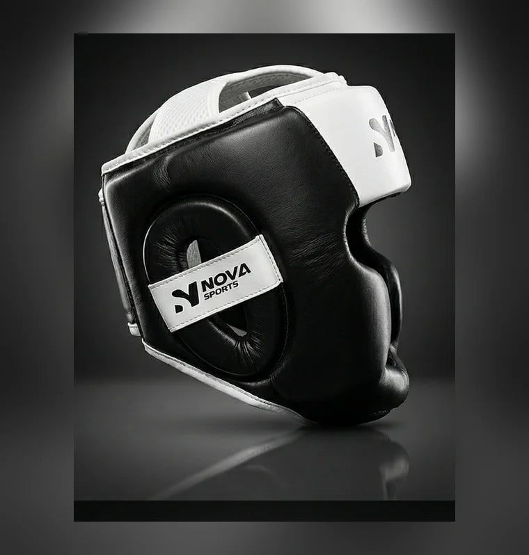 Nova Head Guard — Black Leather, White Crown — view 3 — Head Guards from Nova Sports Mauritius
