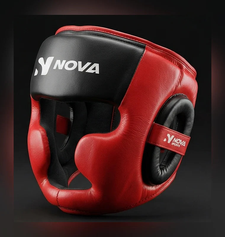 Nova Head Guard — Red Leather, Black Crown — view 3 — Head Guards from Nova Sports Mauritius

