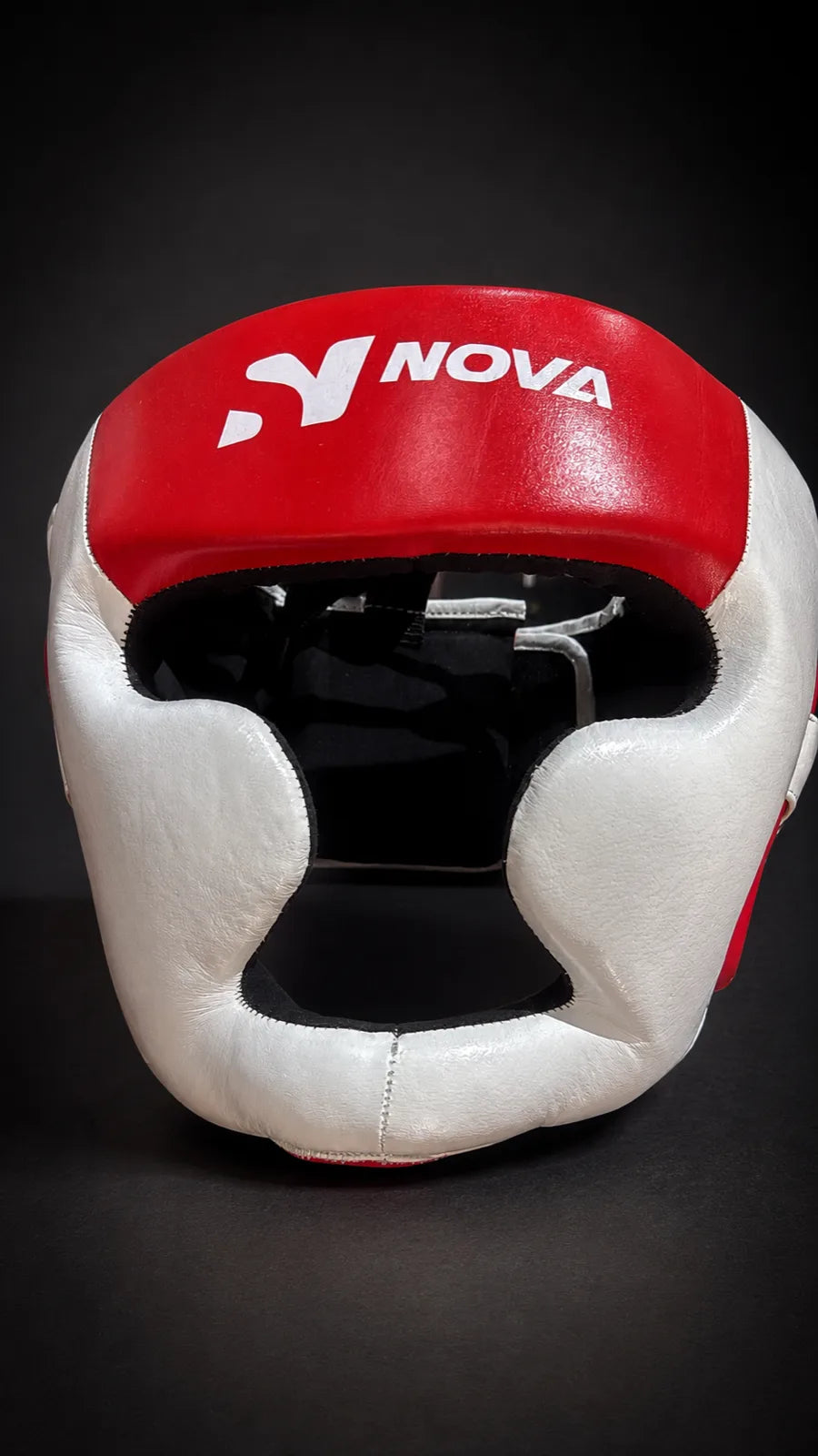Nova red and white leather boxing head guard, front view — Head Guards from Nova Sports Mauritius
