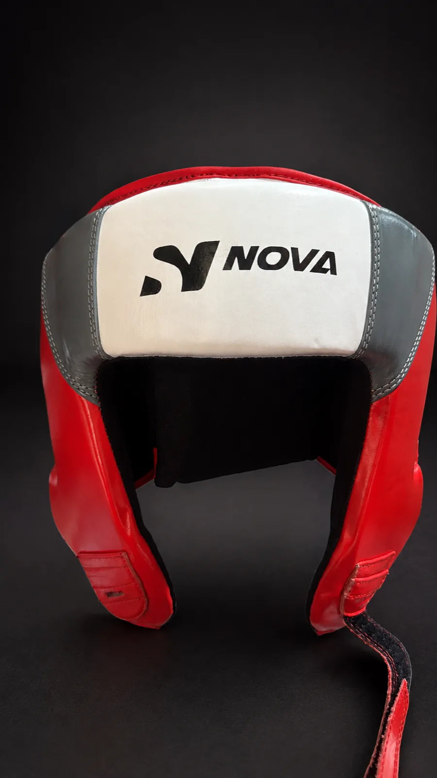 Nova red, white and grey leather boxing head guard, open-face — Head Guards from Nova Sports Mauritius
