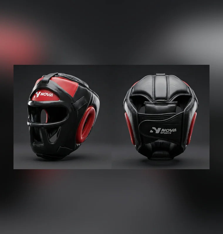 Nova Head Guard — Black & Red, Removable Face Bar — view 3 — Head Guards from Nova Sports Mauritius

