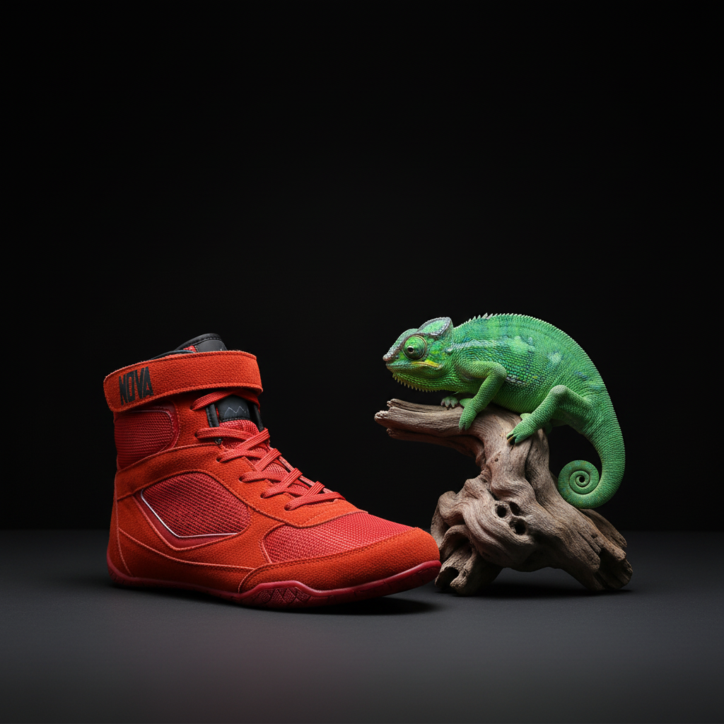 High-top boxing shoes in red and blue with ankle strap and mesh panels — boxing boots at Nova Sports Mauritius — Shoes from Nova Sports Mauritius

