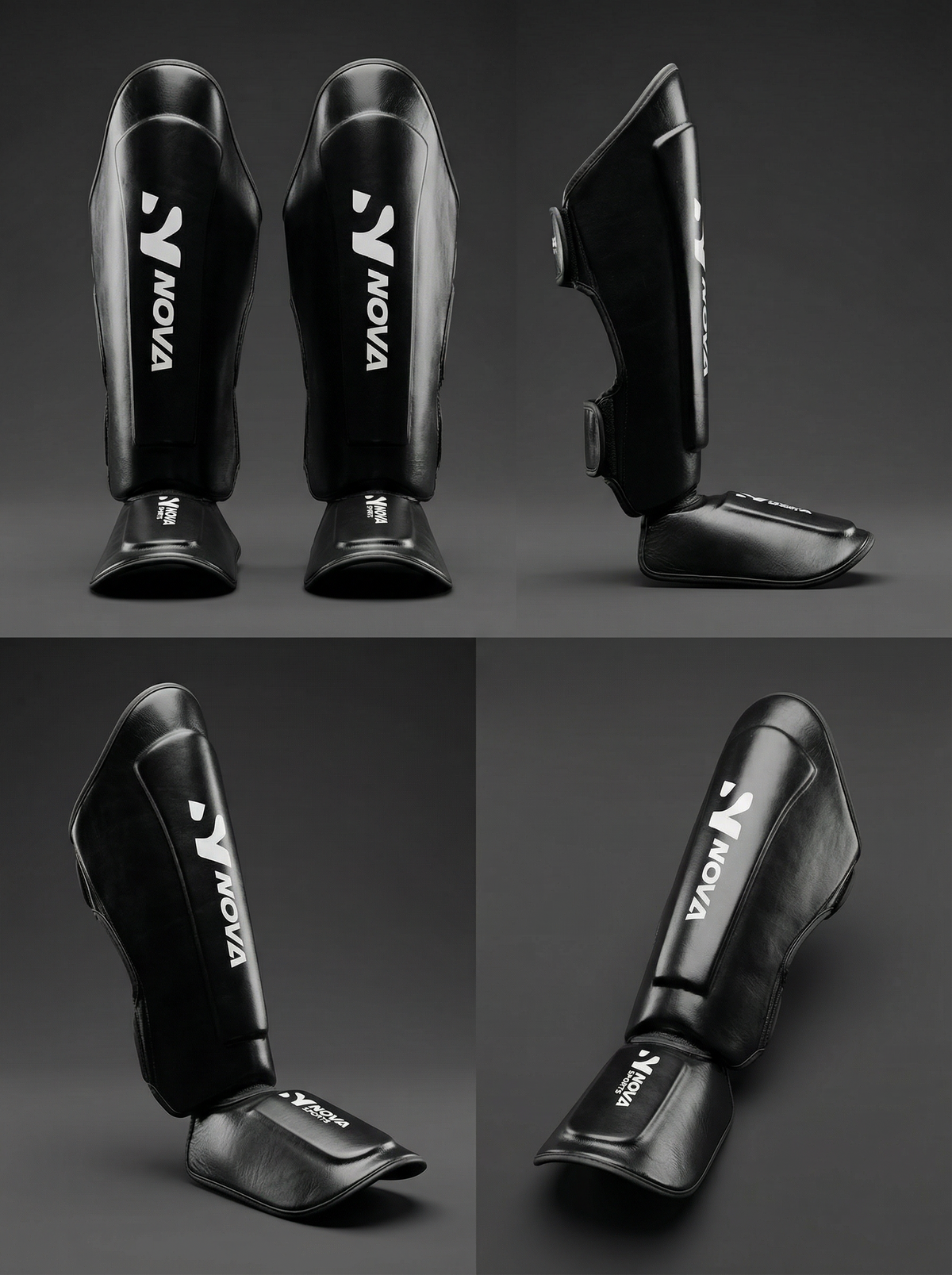 Protège-tibias NOVA noirs avec protection du pied, vus de face et de profil — Protège-tibias et Protège-pieds de Nova Sports, Maurice

