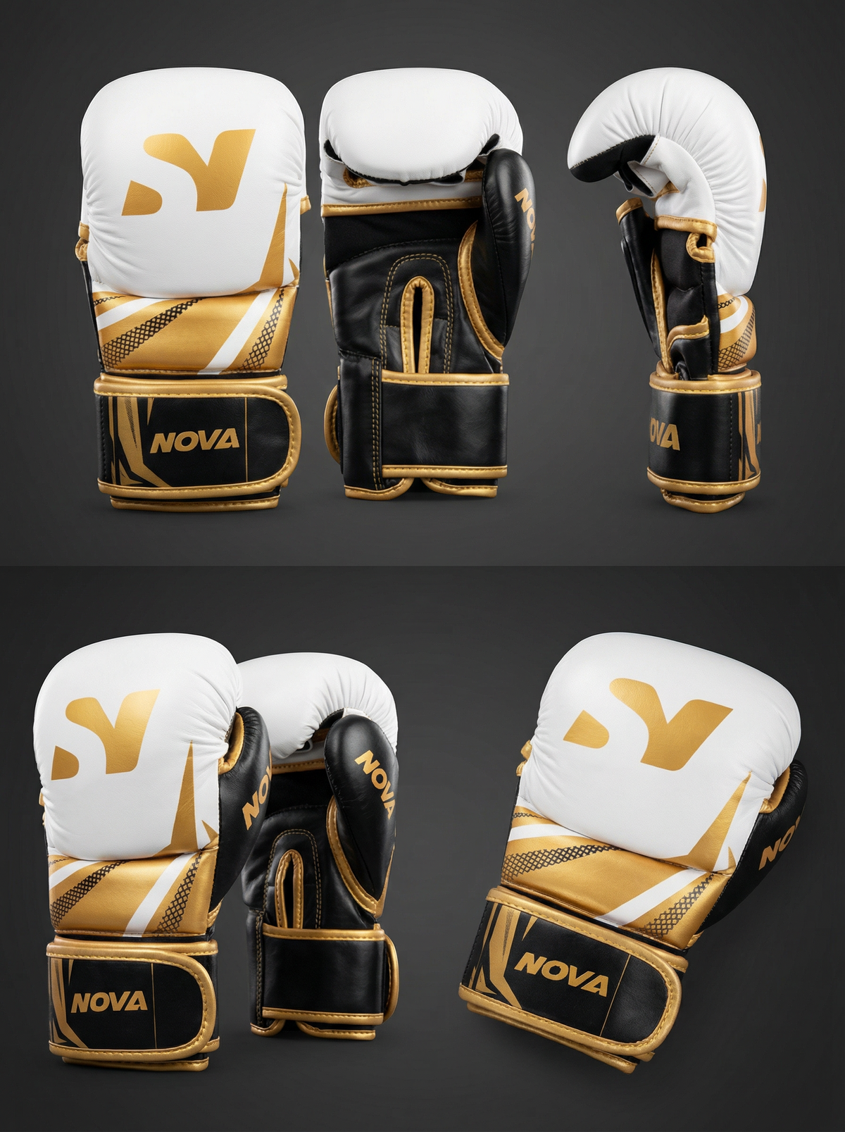White, black and gold NOVA boxing gloves — front, palm and side views — Gloves from Nova Sports Mauritius
