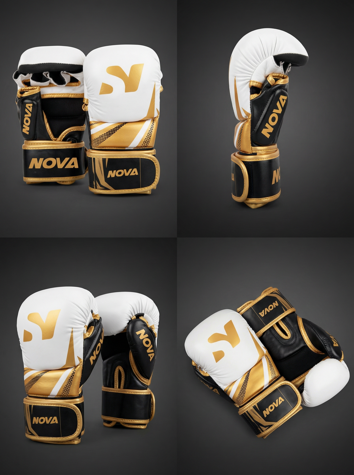 A pair of the white and gold gloves angled and stacked, showing the gold-trimmed wrist strap — Gloves from Nova Sports Mauritius
