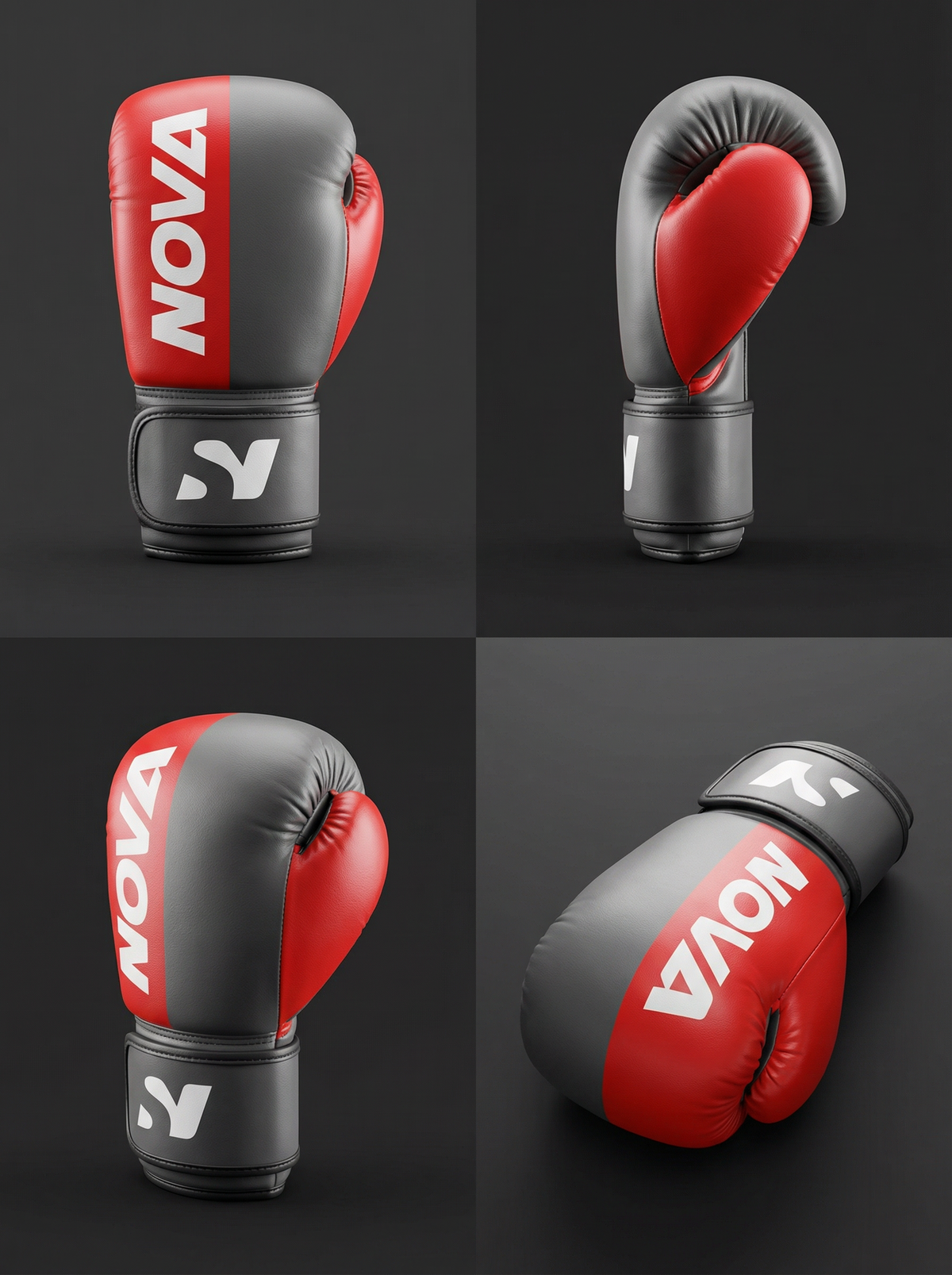 Red and grey NOVA boxing glove with the white NOVA wordmark across the cuff, front and profile — Gloves from Nova Sports Mauritius

