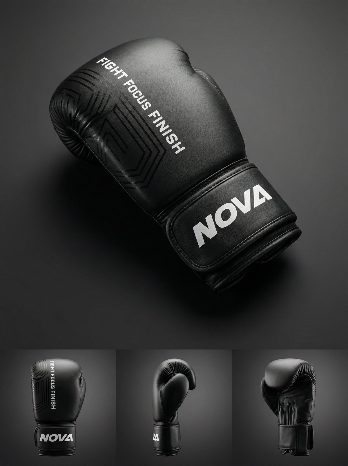 All-black NOVA Fight Focus boxing glove, angled to show the embossed panel and the FIGHT FOCUS FINISH lettering — Gloves from Nova Sports Mauritius
