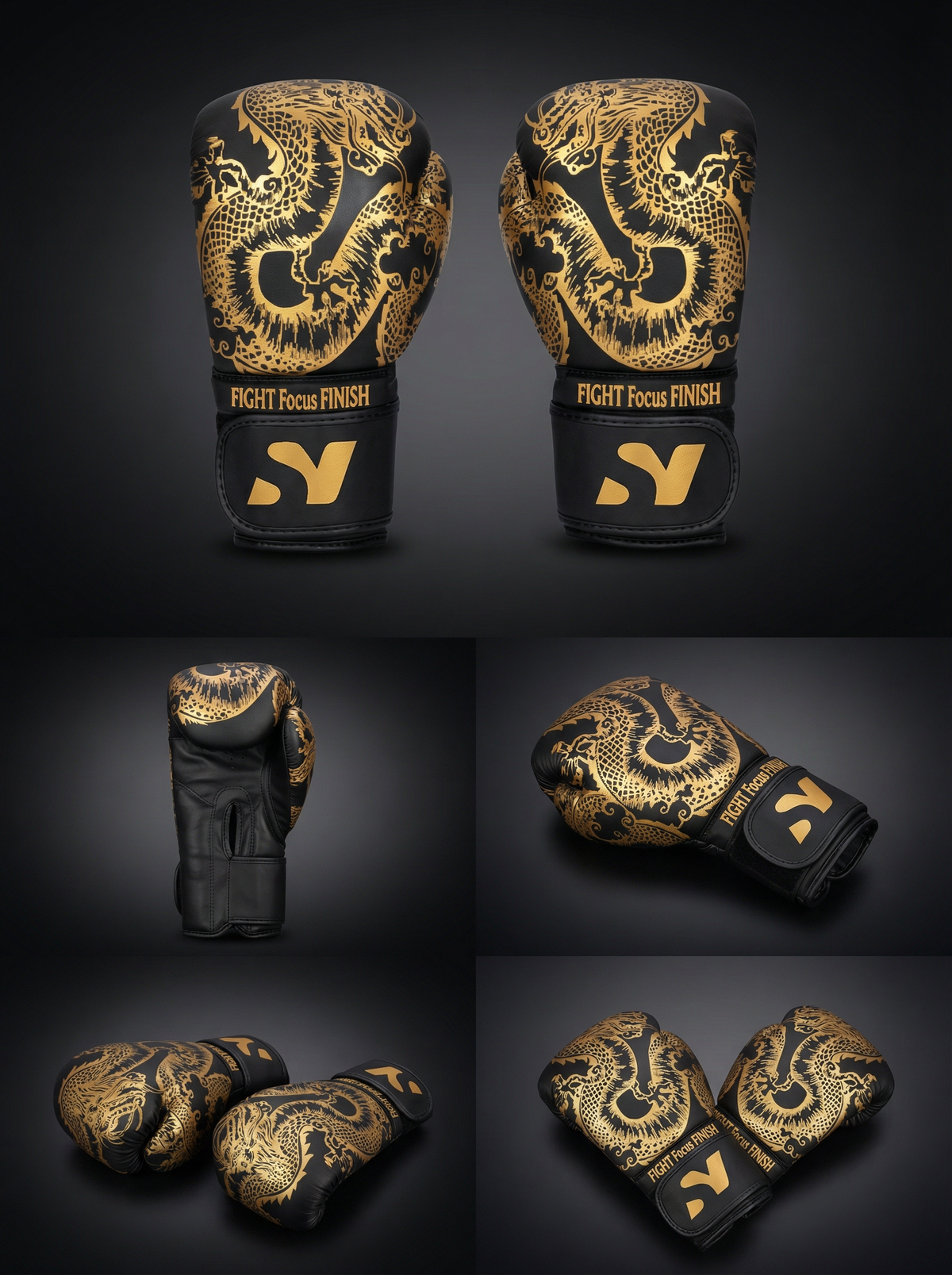 Black boxing gloves with gold dragon artwork and a wide wrist strap — Nova Sports Mauritius — Gloves from Nova Sports Mauritius
