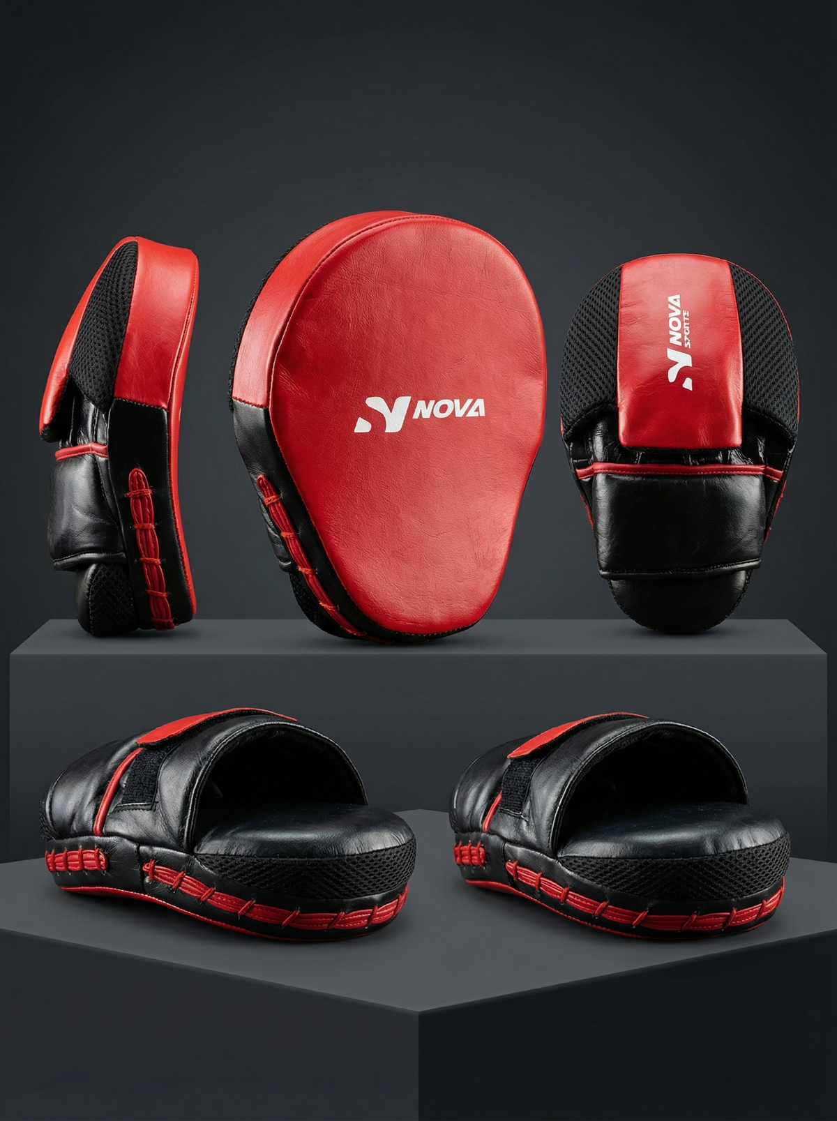 Nova Sports Red & Black Curved Boxing Focus Mitt – Full Leather — view 2 — Focus Pads & Mitts from Nova Sports Mauritius
