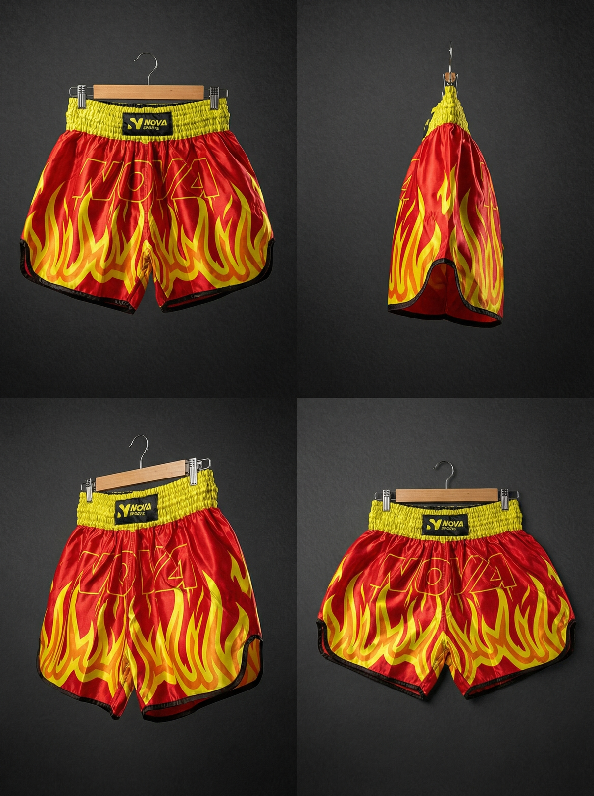 Red satin NOVA Muay Thai shorts with a yellow flame print and yellow waistband, on a wooden hanger — Shorts from Nova Sports Mauritius
