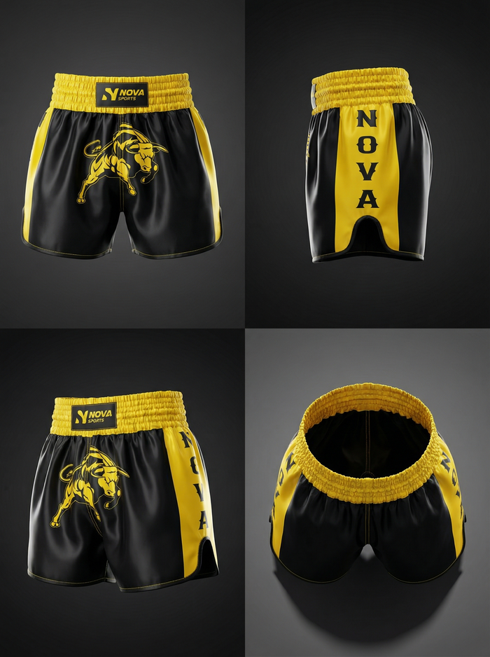 Black and yellow satin Muay Thai shorts with a bull graphic and wide waistband — Nova Sports Mauritius — Shorts available in Mauritius
