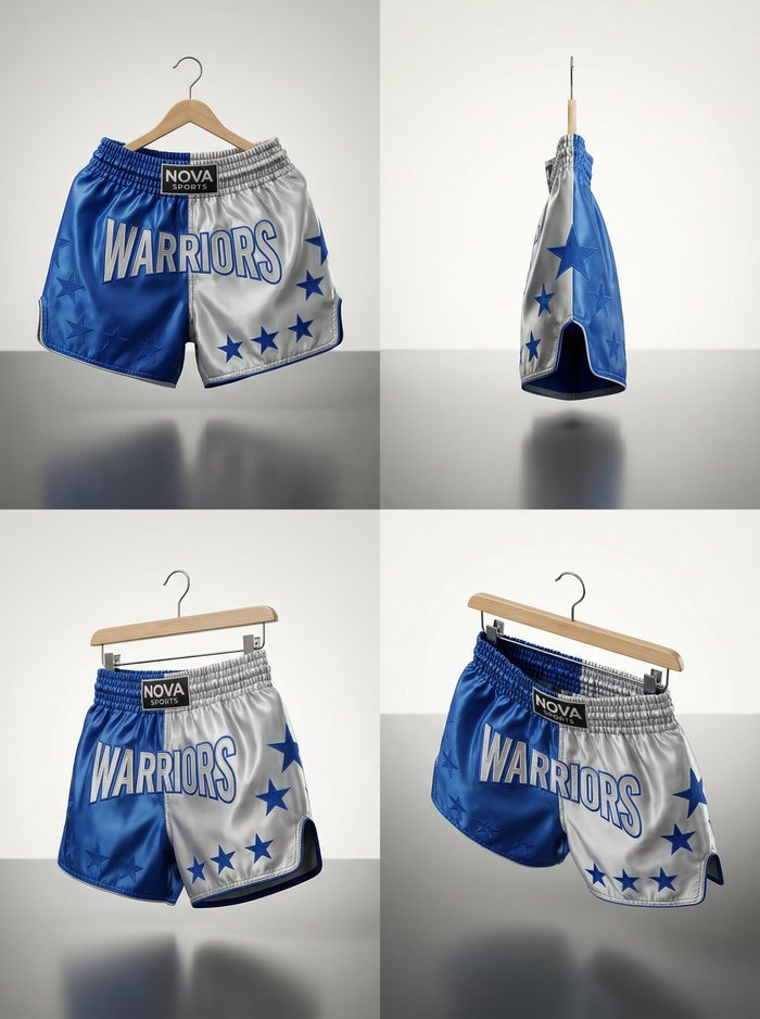 Blue and white satin boxing shorts with Warriors print and elastic waistband — Nova Sports Mauritius — Shorts available in Mauritius
