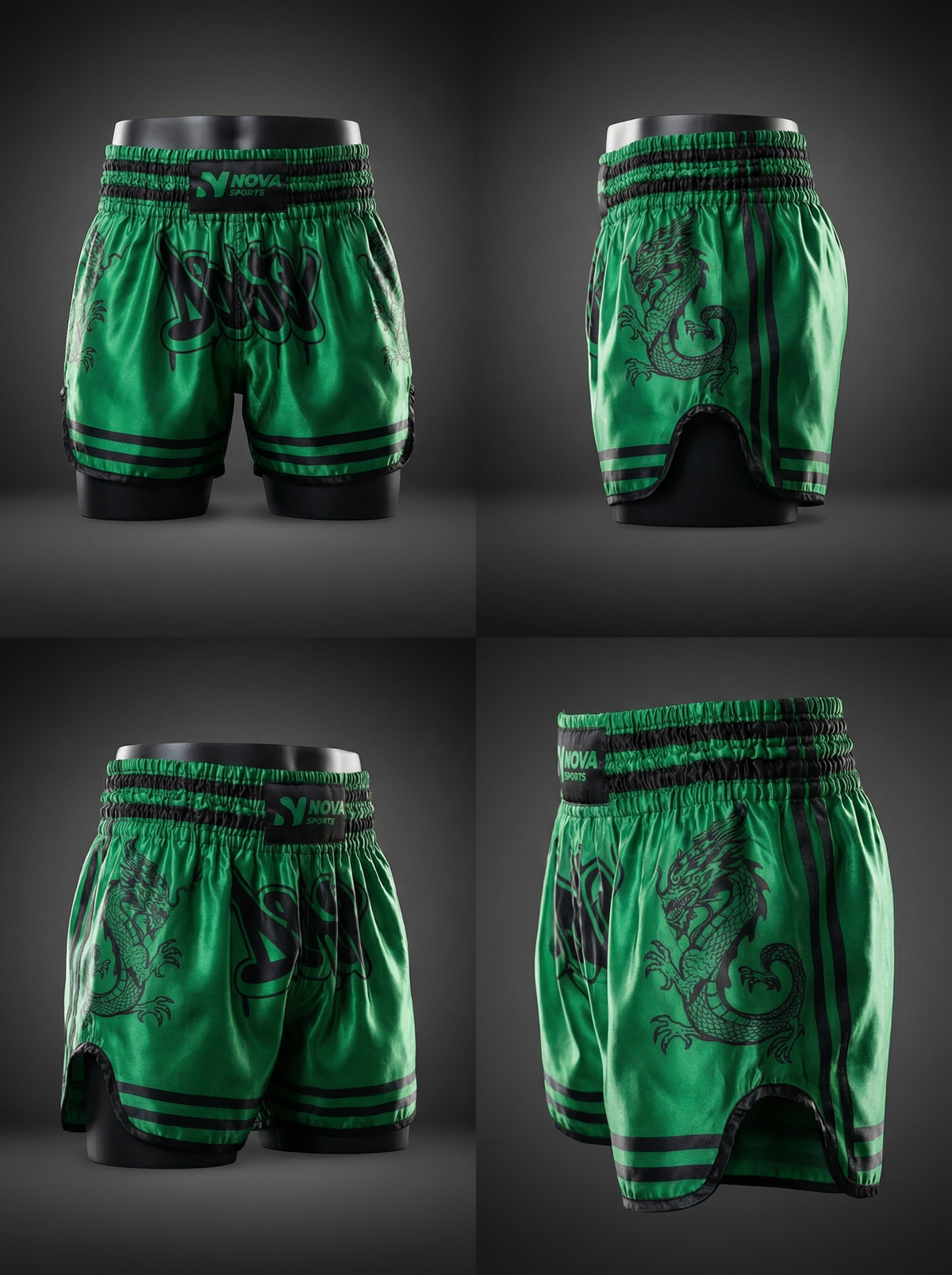 Green satin boxing shorts with a black dragon print and elastic waistband — Nova Sports Mauritius — Shorts from Nova Sports Mauritius
