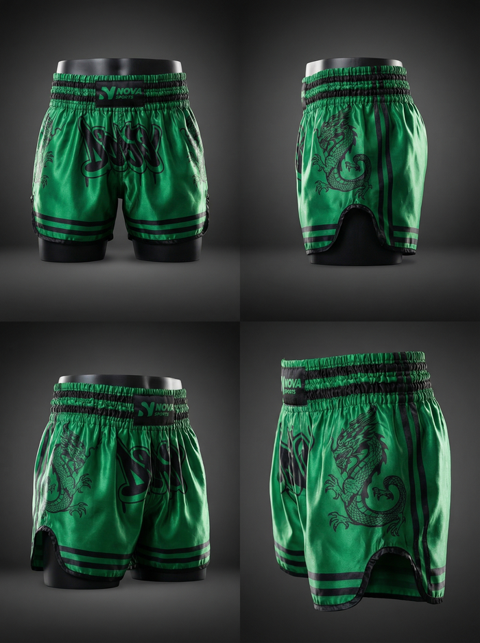 Green satin boxing shorts with a black dragon print and elastic waistband — Nova Sports Mauritius — Shorts available in Mauritius
