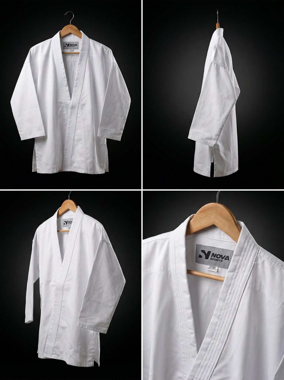 Nova karate gi jacket on a hanger with a close-up of the Nova Sports collar label — Uniformes de Nova Sports, Maurice
