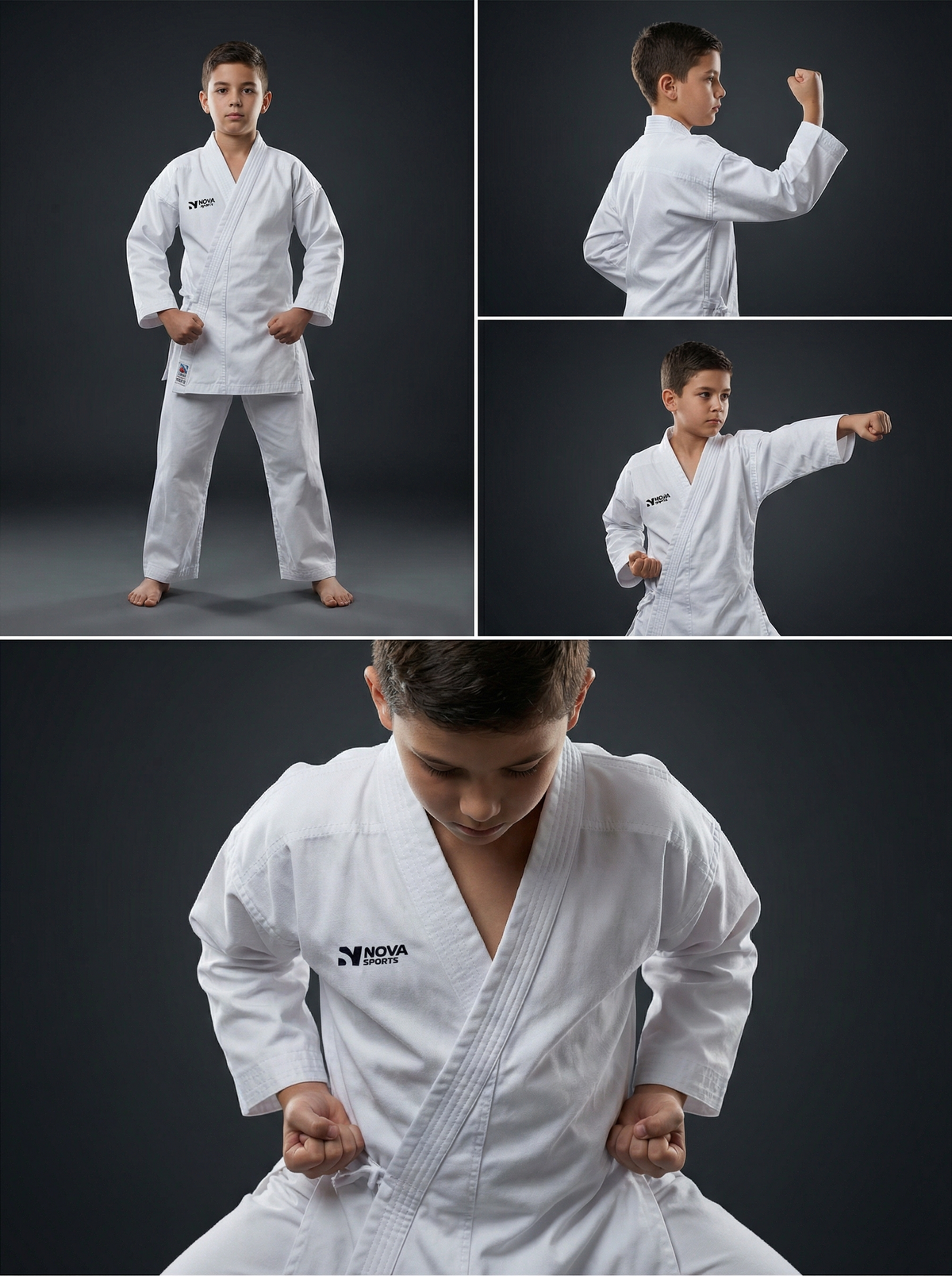 Child in the white Nova kids karate gi, front stance and guard — Uniformes de Nova Sports, Maurice

