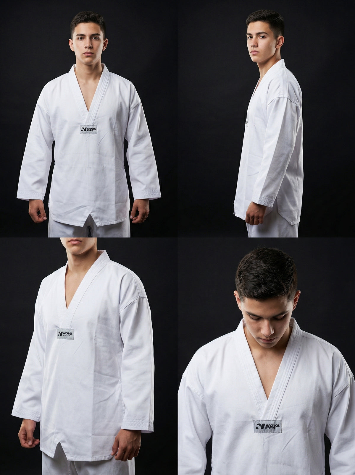 White adult karate gi, jacket and trousers with a reinforced V-neck — karate kimono at Nova Sports Mauritius — Uniformes de Nova Sports, Maurice
