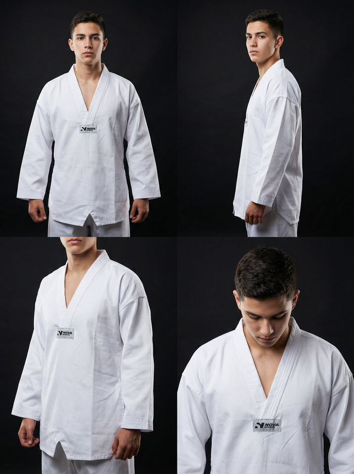 White adult karate gi, jacket and trousers with a reinforced V-neck — karate kimono at Nova Sports Mauritius — Uniforms available in Mauritius
